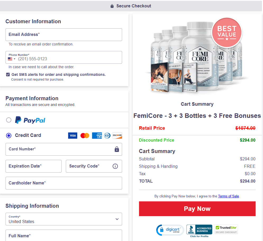 FemiCore-Checkout page